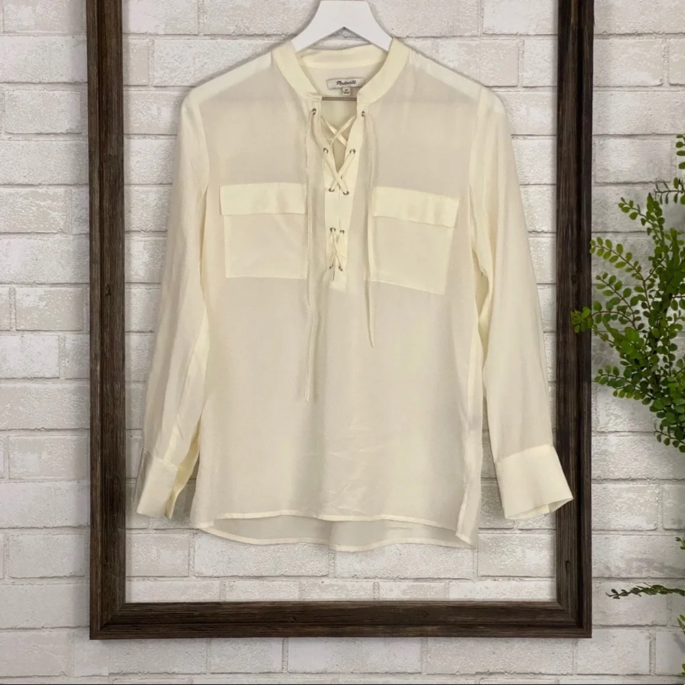 Madewell Silk Lace Up Blouse in Ivory Off-White - Picture 4 of 16
